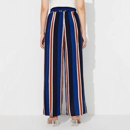 Damen Palazzo-Hose mit Bindegürtel Streifenmuster