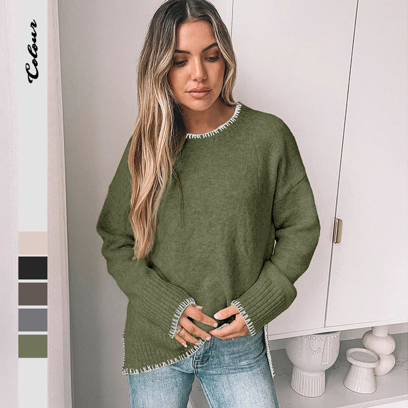 Damen Strickpullover Lässig Rippdetails Beige - Eveloria