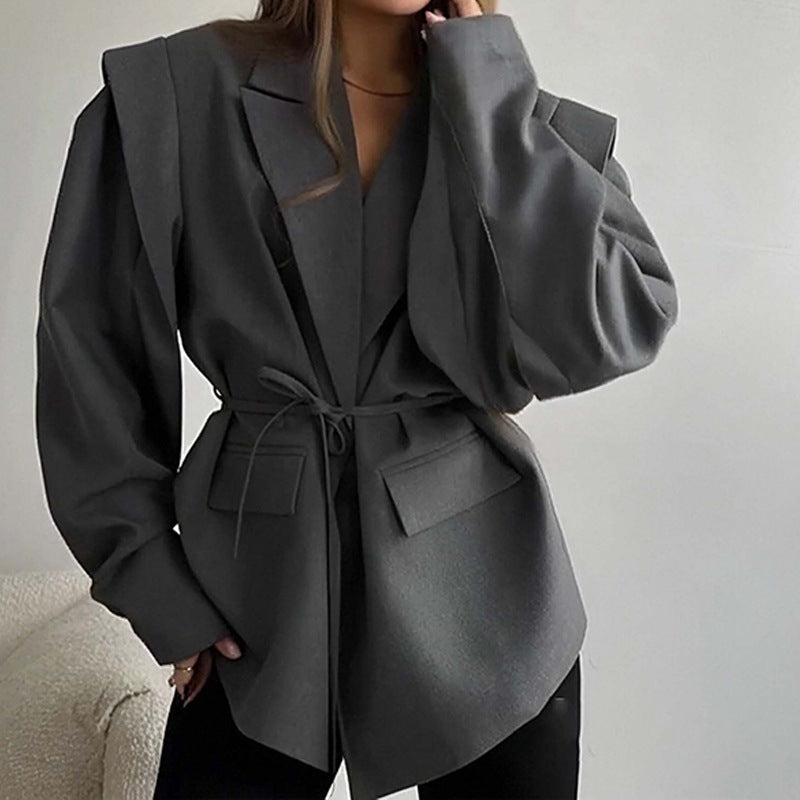 Damen Oversized Blazer mit Taillengürtel und Puffärmeln