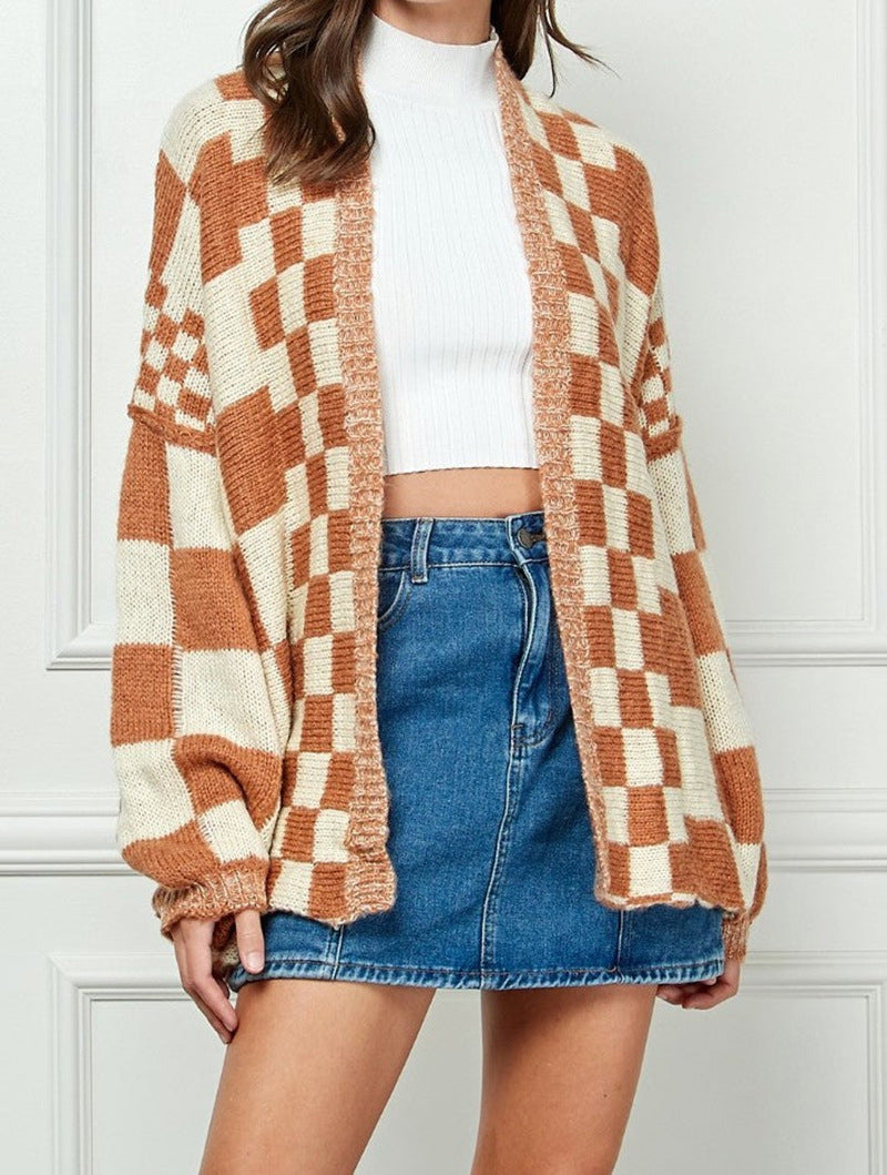 Damen Strickjacke Karomuster Weite Ärmel Beige Eveloria