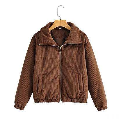 Damen Cordjacke Hochkragen Elastisch Braun