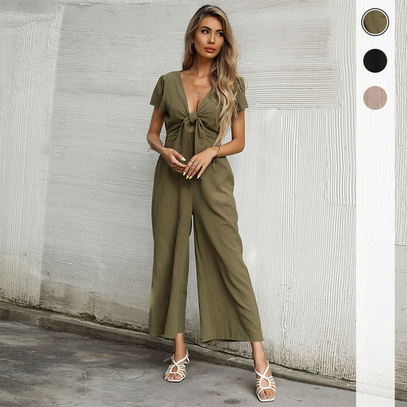 Damen Jumpsuit Hochgeschlossen Dekolleté Knoten-Detail Eveloria - Eveloria