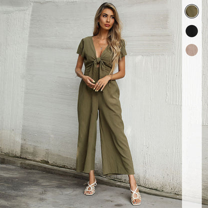 Damen Jumpsuit Hochgeschlossen Dekolleté Knoten-Detail Eveloria - Eveloria