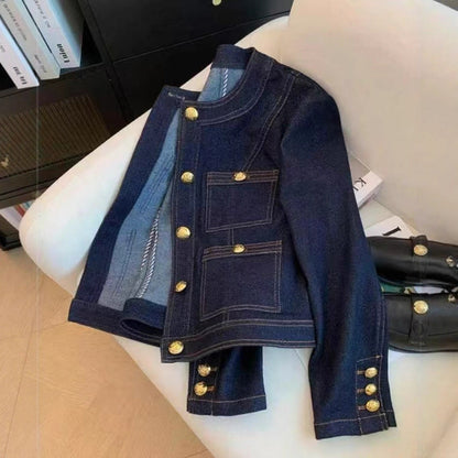 Damen Jeansjacke Modisch Goldene Knöpfe Eveloria