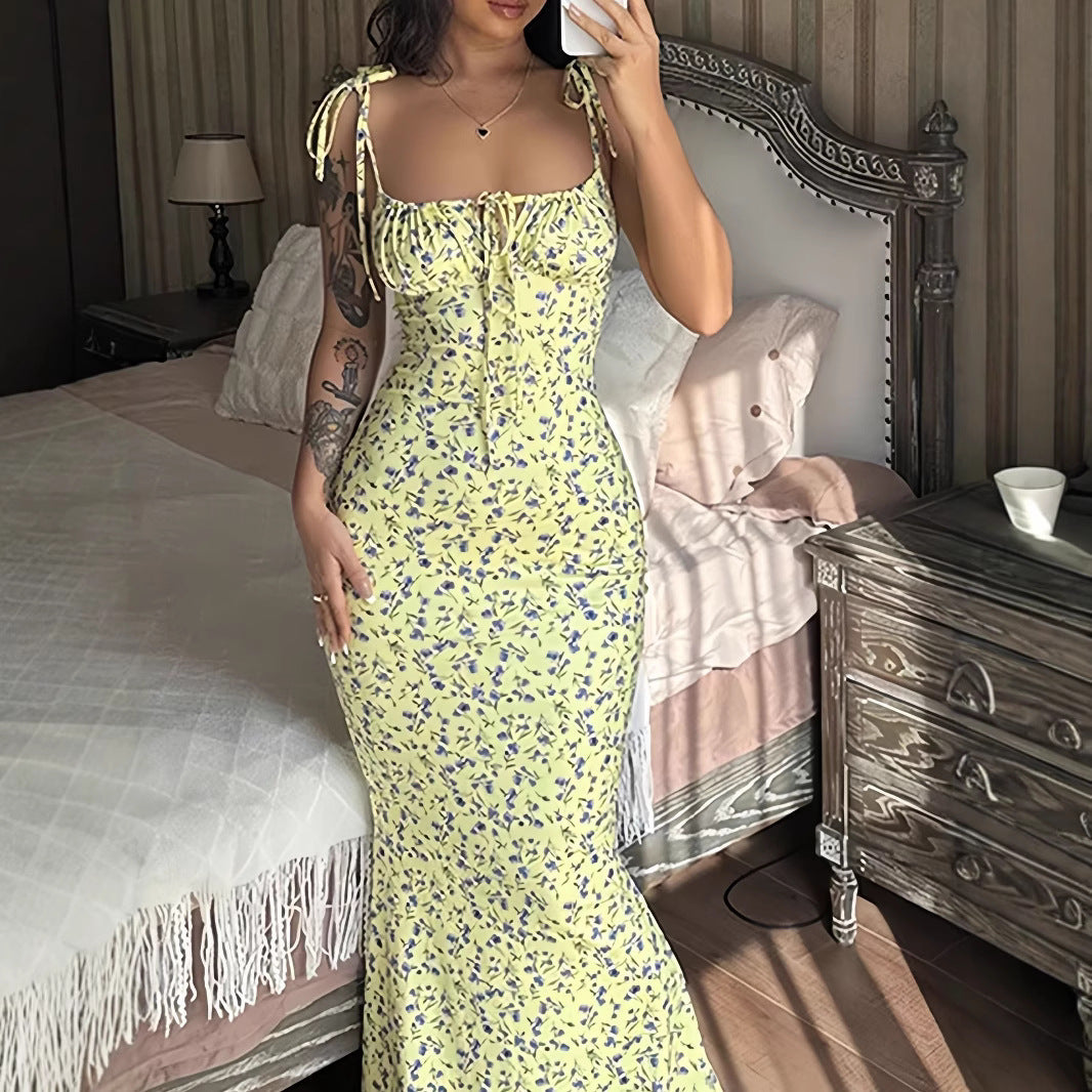 Damen Maxikleid Blumenmuster Figurbetonter Schnitt Spaghetti-Träger