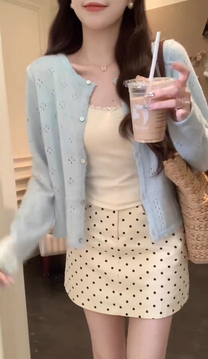 Damen Strickjacke Blütenmuster Elegant Knöpfe Beige