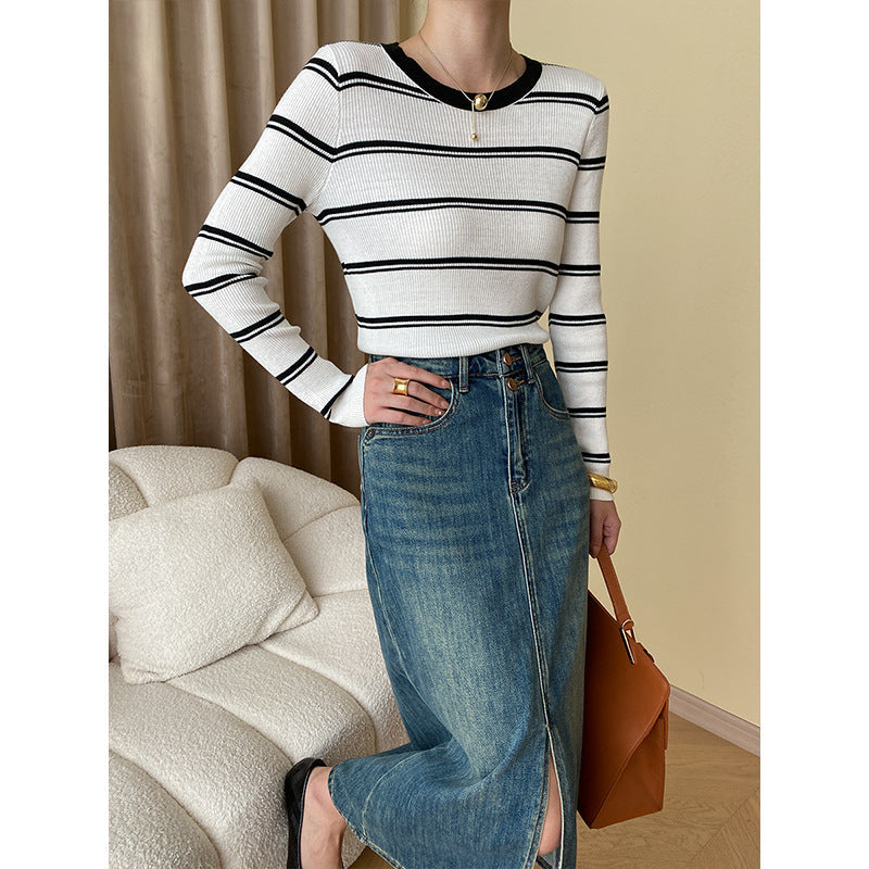 Damen Langarmshirt Streifenmuster Feine Rippstruktur