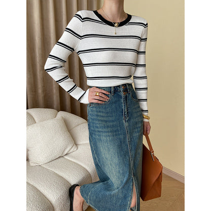 Damen Langarmshirt Streifenmuster Feine Rippstruktur