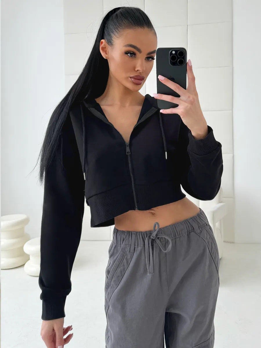 Damen Cropped Hoodie Sportlich mit Kängurutasche und weiten Ärmeln