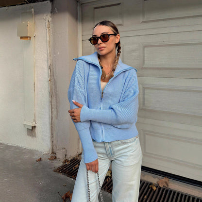 Damen Strickjacke Oversized Reißverschluss Hochkragen
