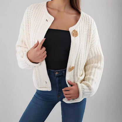 Damen Strickjacke Großknöpfe Aufgesetzte Taschen Kuschelig Braun