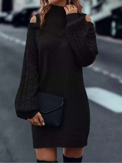 Damen Strickkleid Asymmetrisch Off-Shoulder Voluminöse Ärmel
