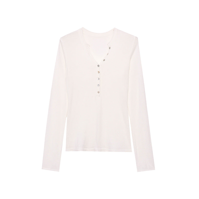 Damen Langarmshirt V-Ausschnitt Dekorative Knöpfe Eveloria