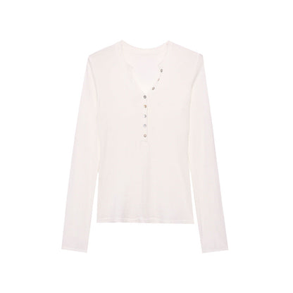 Damen Langarmshirt V-Ausschnitt Dekorative Knöpfe Eveloria