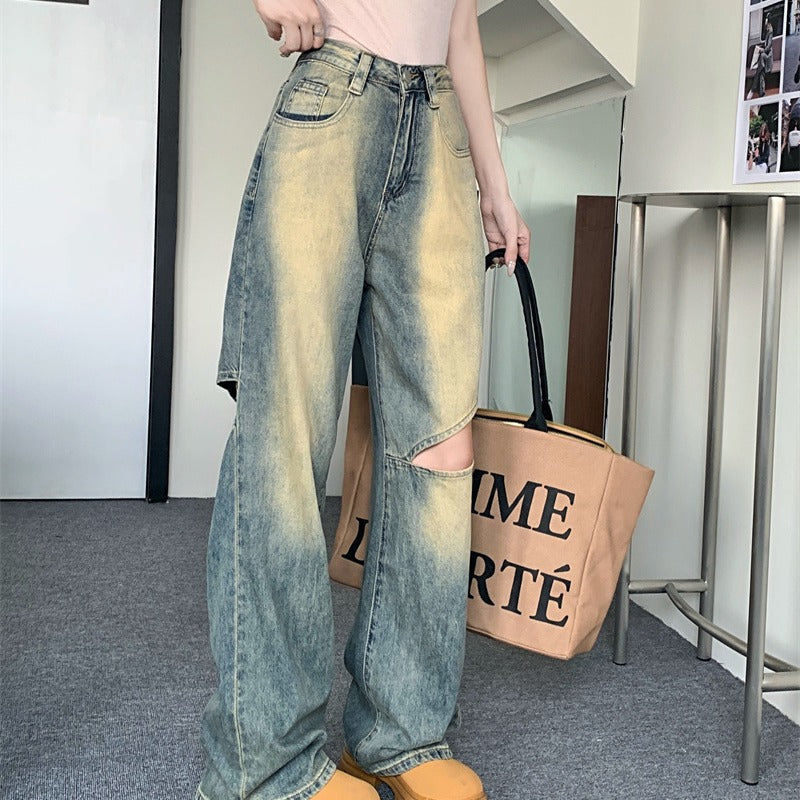 Damen Weite Denim-Hose Asymmetrische Knöpfe Blau Eveloria