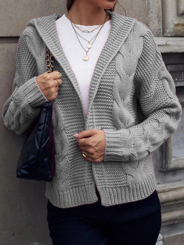 Damen Cardigan Grobstrick Kapuze Zopfmuster Beige