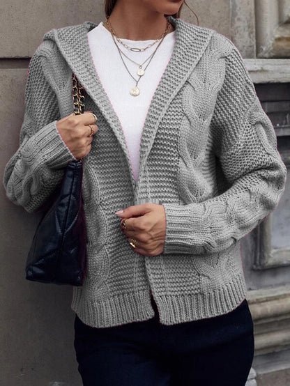 Damen Cardigan Grobstrick Kapuze Zopfmuster Beige