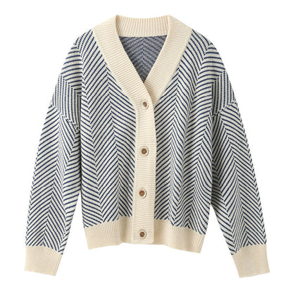 Damen Strickjacke Chevron Muster Knopfverschluss Eveloria