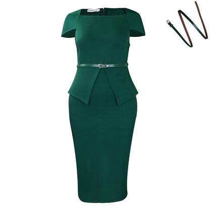 Damen Cocktailkleid Figurbetont Peplum Design Gürtel