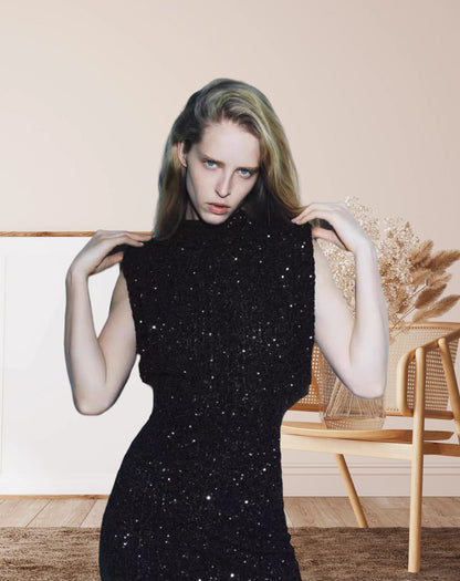 Damen Cocktailkleid Pailletten Hochgeschlossener Stehkragen Eveloria