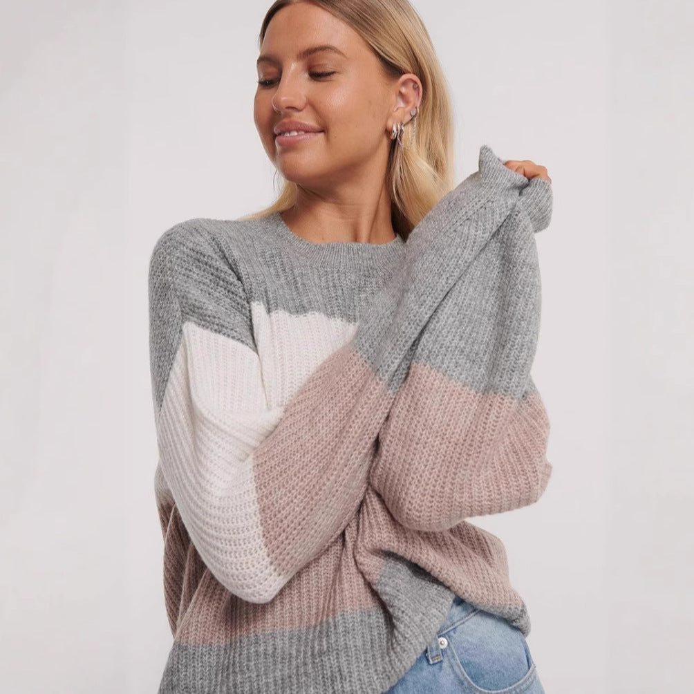 Damen Pullover Blockdesign Lässig Grau