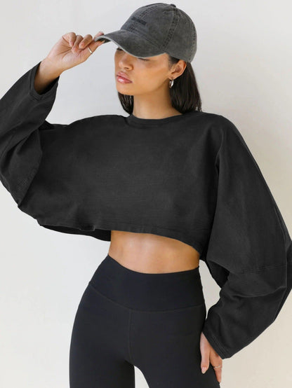 Damen Cropped Sweatshirt Voluminöse Ärmel Lässiger Schnitt Grau