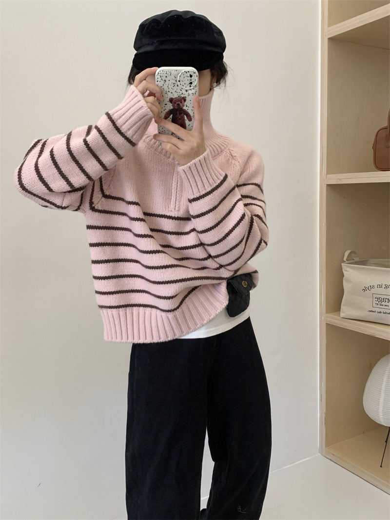 Damen Strickpullover Sportlicher Kragen Streifenmuster Eveloria