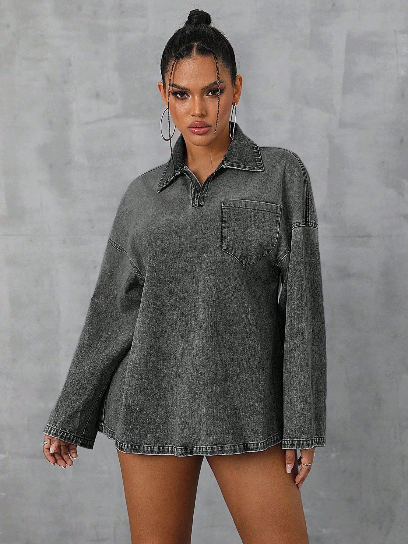 Damen Oversized Denimbluse Lässiger Kragen Blau