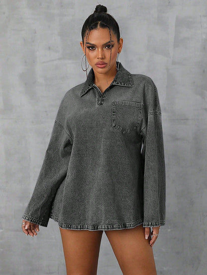 Damen Oversized Denimbluse Lässiger Kragen Blau