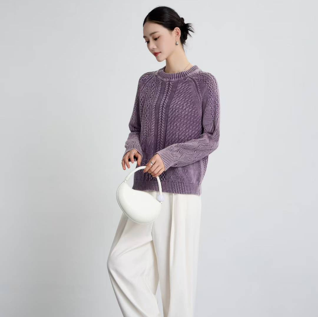 Damen Pullover Strukturiertes Zopf-Design Rundhals Eveloria