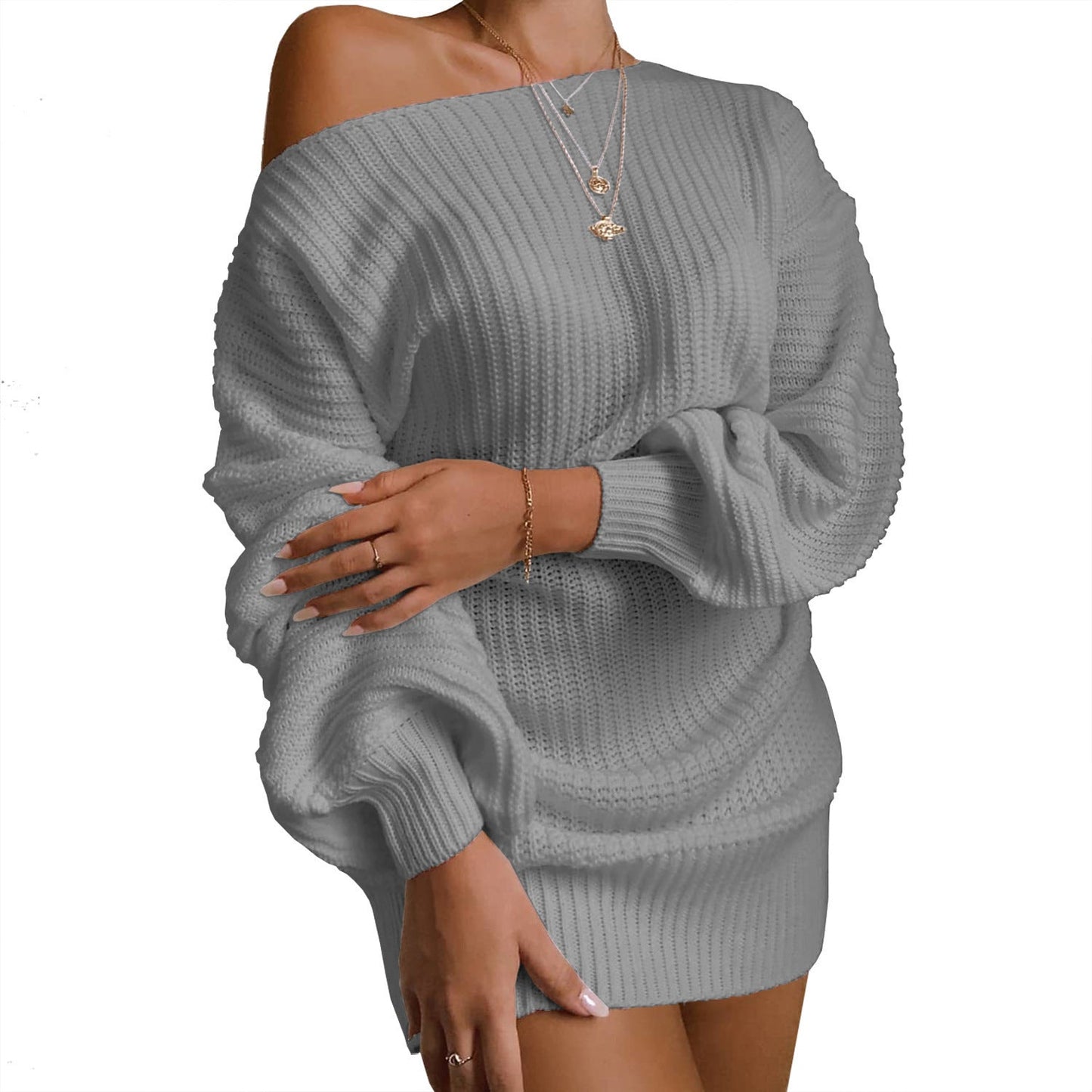 Damen Strickkleid Schulterfrei Voluminöse Ärmel Eveloria