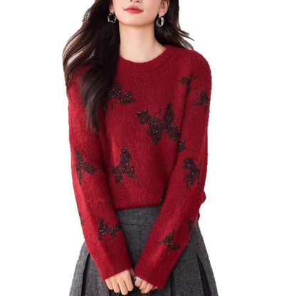 Damen Strickpullover mit Schmetterlingsapplikationen Glitzernd