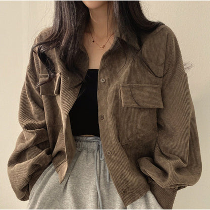 Damen Cordjacke Weich Puffärmel Schwarz - Eveloria