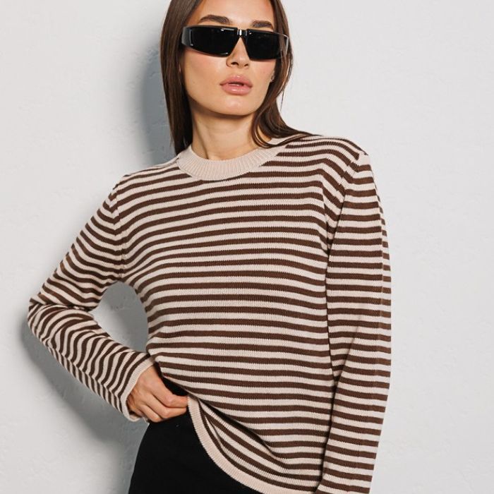 Damen Langarmpullover Weiches Streifenmuster Baumwollmix weiß