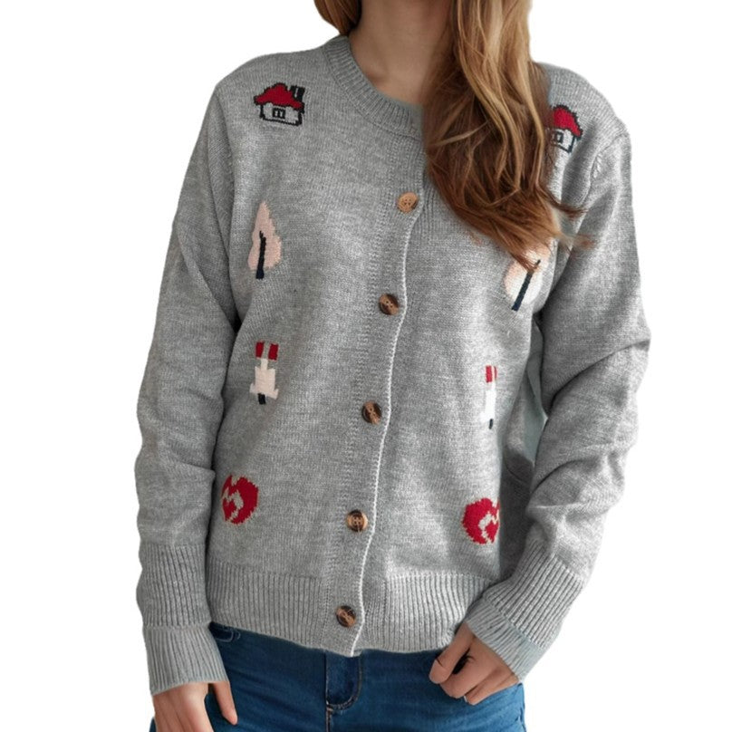 Damen Strickjacke Bunt Applikationen Knopfverschluss
