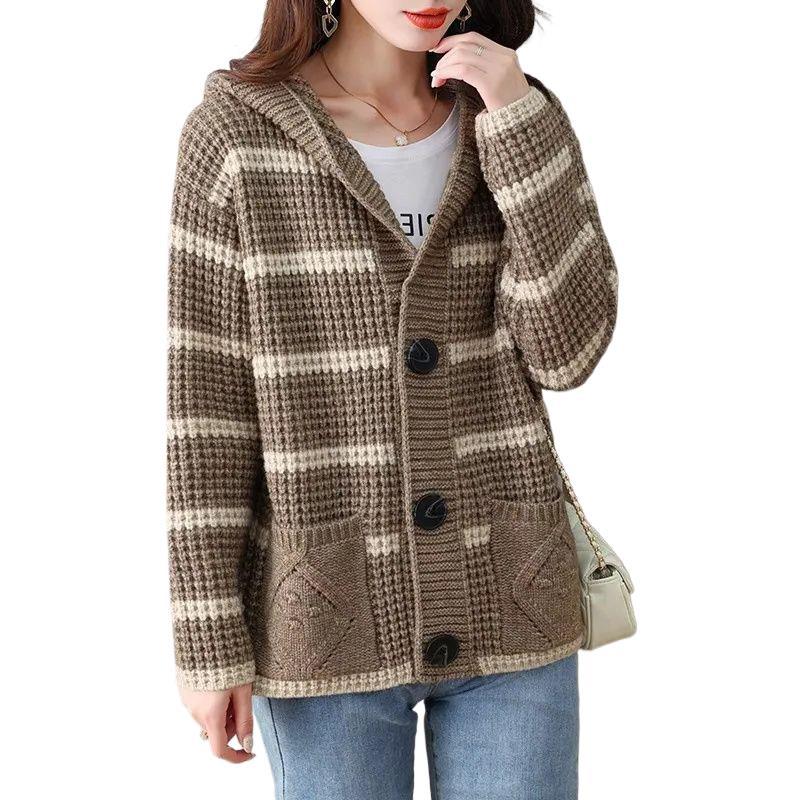 Damen Strickjacke Kapuze Karomuster Eveloria