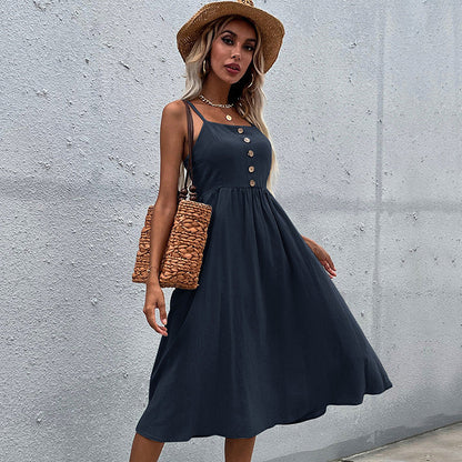Damen Midi-Kleid mit Knopfleiste und verstellbaren Trägern Eveloria