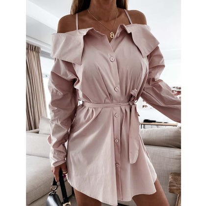 Damen Off-Shoulder-Kleid mit Gürtel Elegantes Hemdblusenkleid