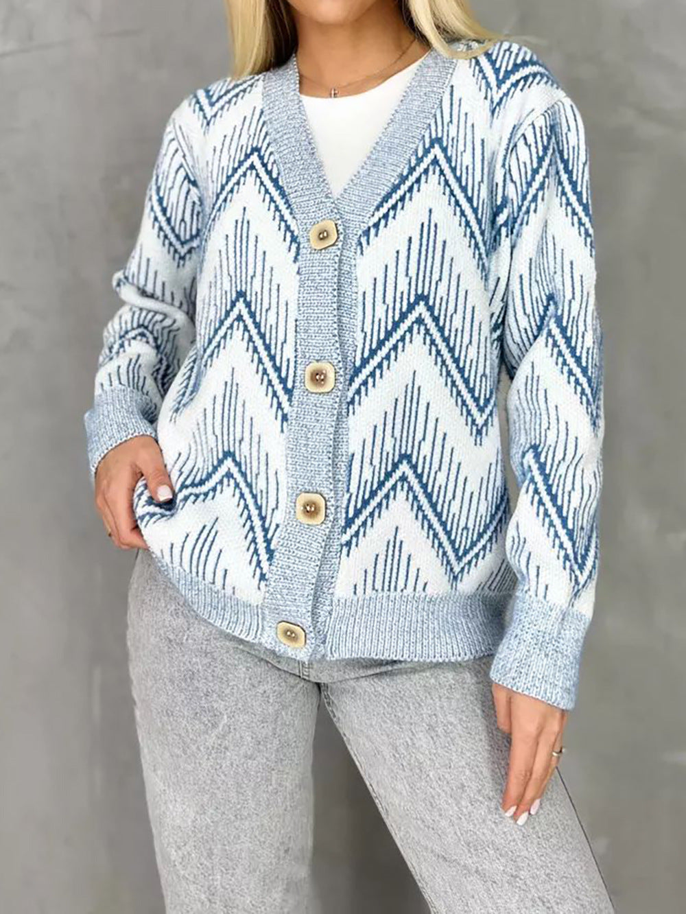 Damen Strickjacke Zigzag Muster Knöpfe Anthrazit