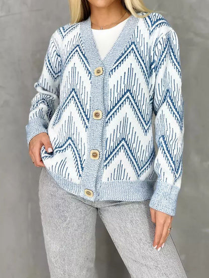 Damen Strickjacke Zigzag Muster Knöpfe Anthrazit