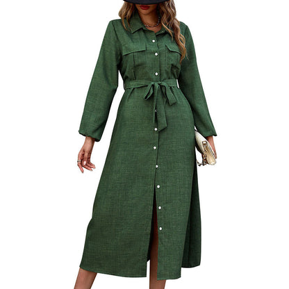 Damen Hemdblusenkleid Langarm mit Gürtel und Schlitz