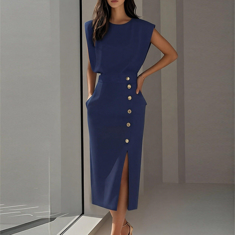 Damen Elegantes Midi-Kleid Knöpfe Seitenschlitz Eveloria