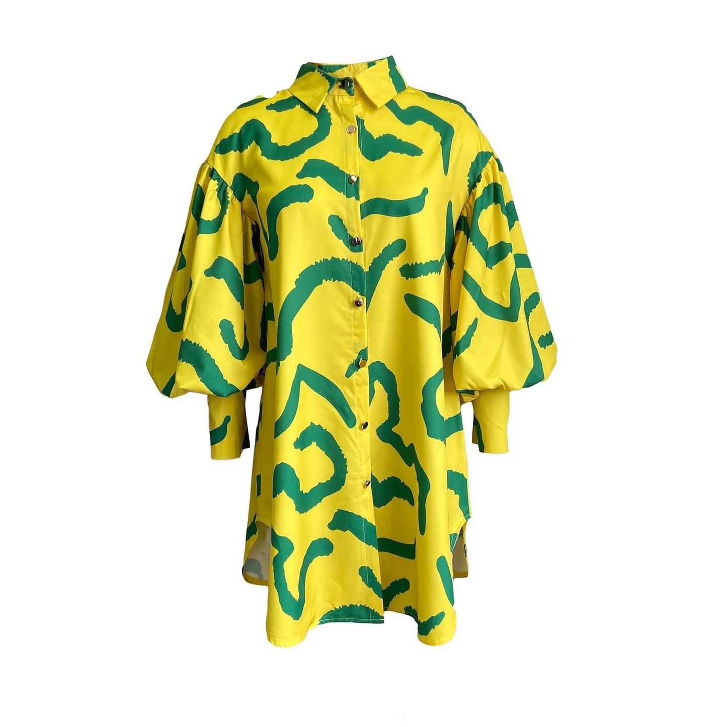 Damen Hemdkleid Oversize Puffärmel Lebhaftes Muster
