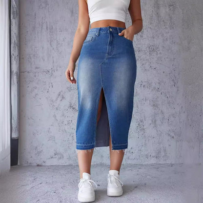 Damen Maxi Denimrock Mit Seitlichem Schlitz Blau - Eveloria