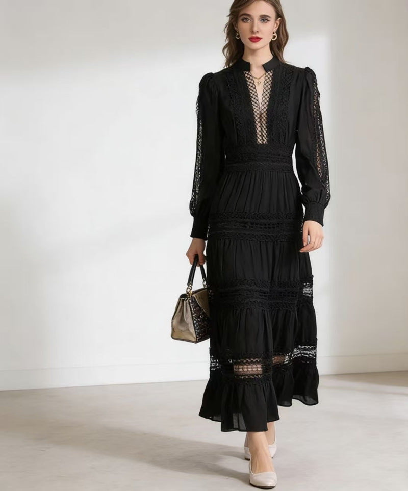 Damen Maxikleid Transparente Einsätze Rüschendetails