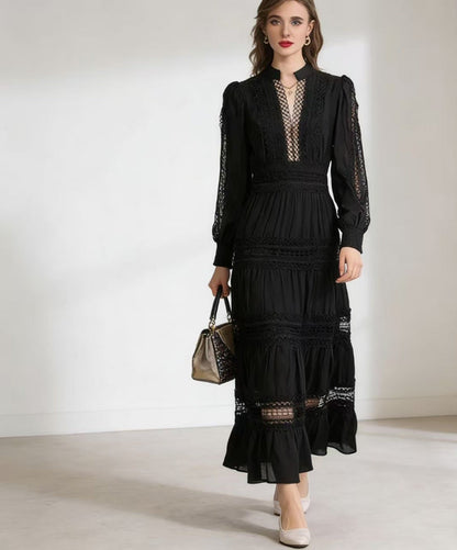 Damen Maxikleid Transparente Einsätze Rüschendetails