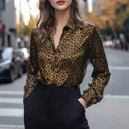 Damen Satinbluse Leo-Muster Schlank Schnitt