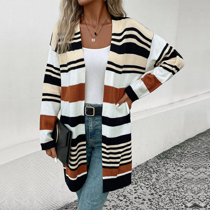 Damen Strickcardigan Weite Ärmel Streifen Muster Eveloria