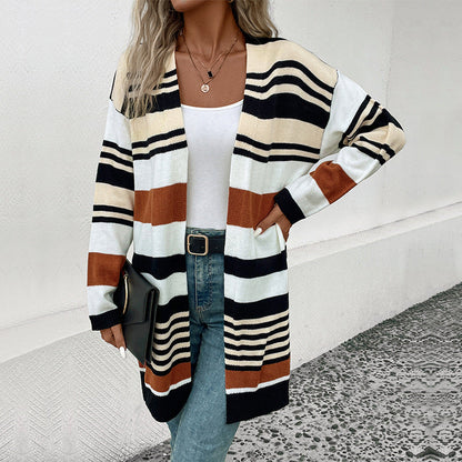 Damen Strickcardigan Weite Ärmel Streifen Muster Eveloria