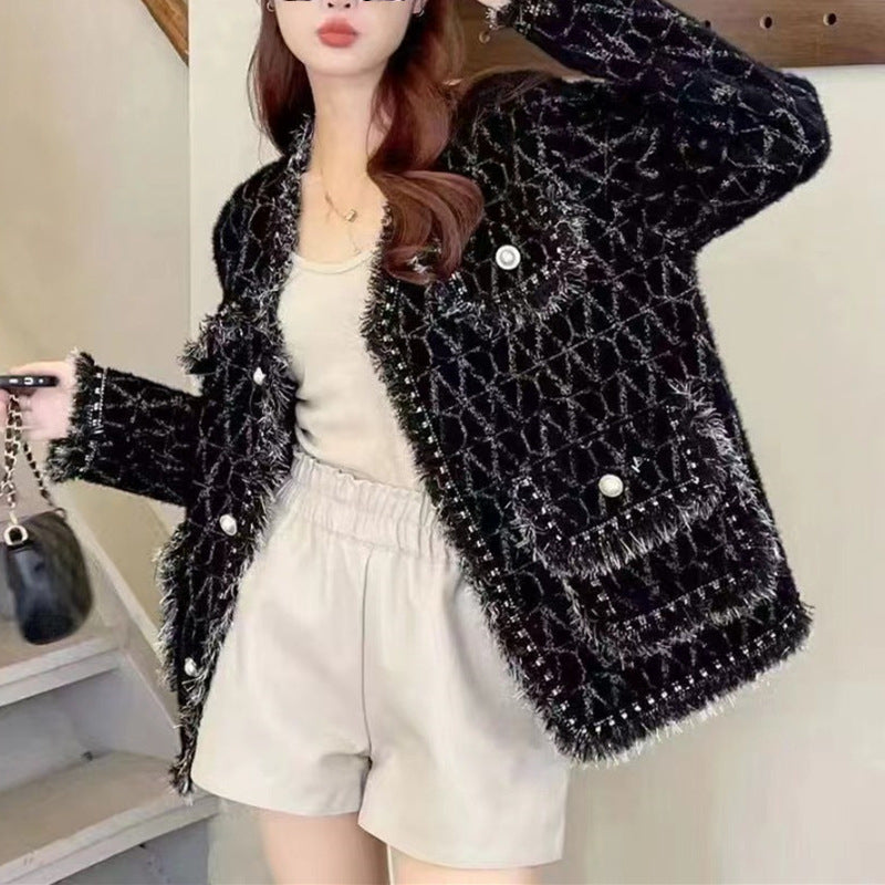Damen Strickjacke Flauschig mit Knöpfen und Dekorsaum
